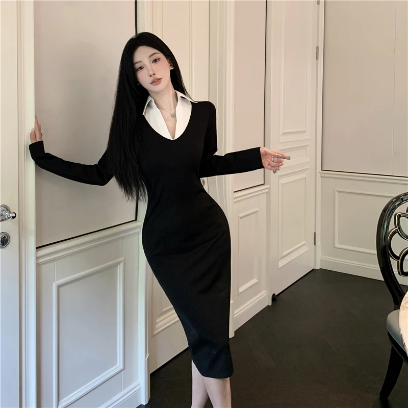 التخسيس لصق تصميم Ne Long Sve V-Ne مثير Ele الخريف الشتاء جديد Sle المرأة الدكتور عالية الخصر ألف خط تنورة