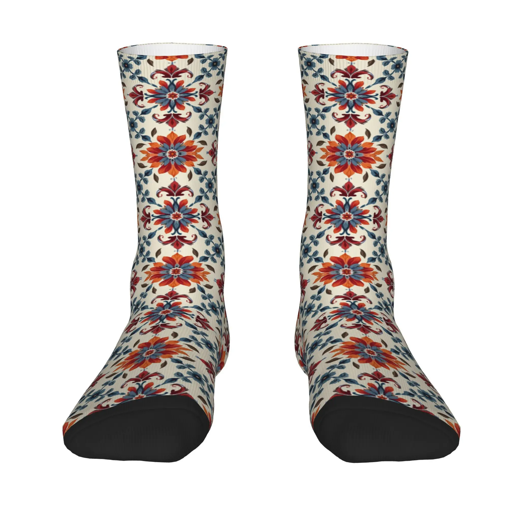 Hip Hop Retro Colorful flowers blue leaves and red petals Men's Socks Unisex  Street Style Seamless Printed  Sock tops fugees