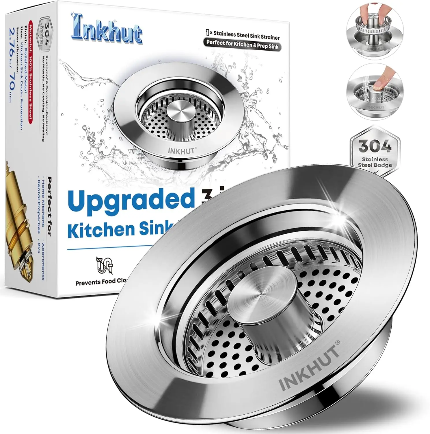

3 in 1 Kitchen Sink Drain Strainer - Stainless Steel, Anti-Clogging, Fast Drainage, US Standard 3.5 inch, Silver