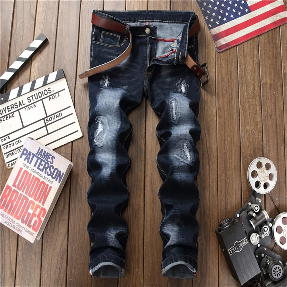 Men's Blue Straight-Leg Jeans Casual Style Slim Fit Ripped Male Denim Pants High Quality Quick Selling Trendy Item