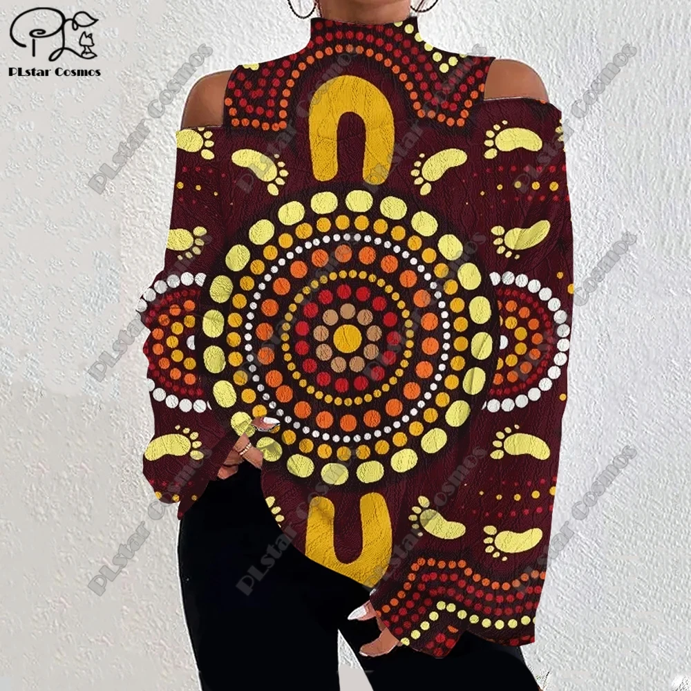 3D Printing Retro Aboriginal Series Tribal Turtle Art Pattern Women's Lantern Sleeve Off Shoulder Textured Casual Long Sleeve F2