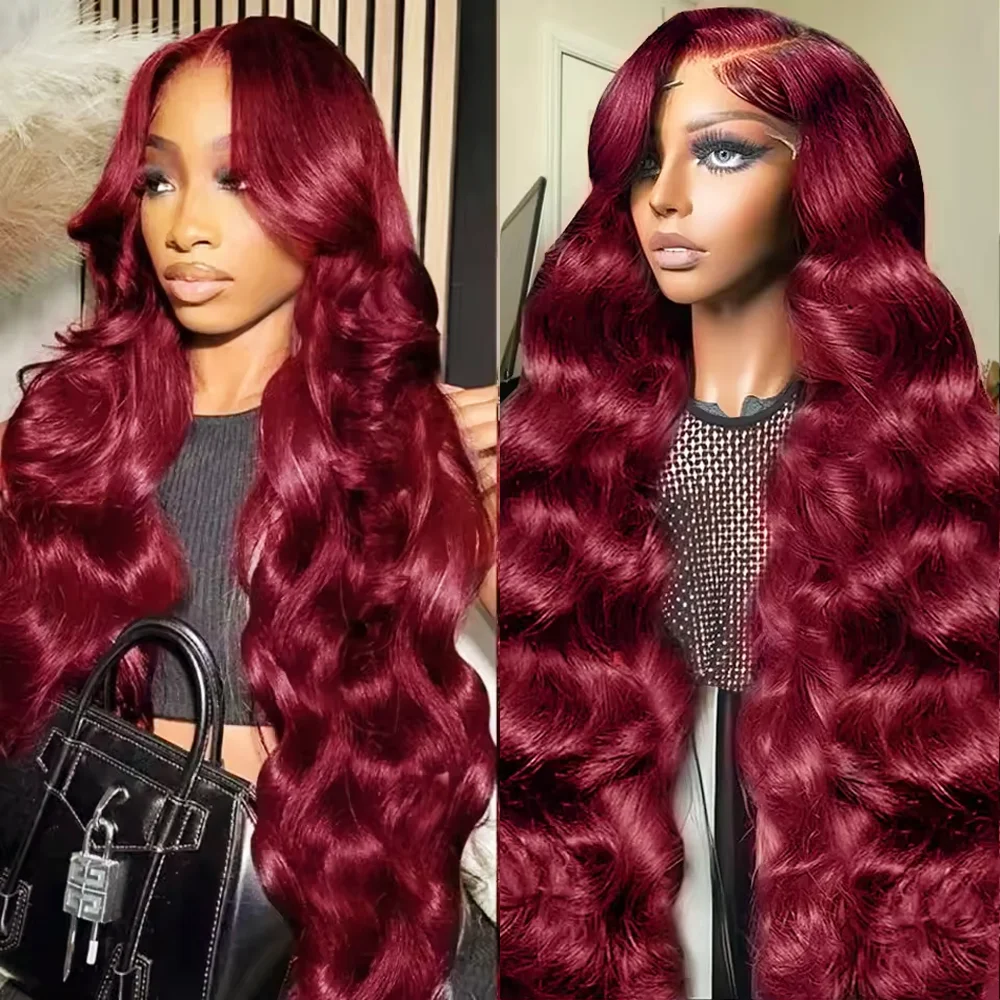 

52 Inch Body Wave Wig Burgundy 99J Lace Front Wig 13x6 HD Transparent Lace Frontal Wig Human Hair Pre Plucked Red Colored Wig