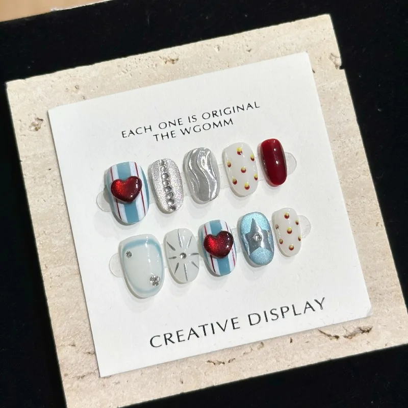 

10 шт., набор для дизайна ногтей ручной работы, американский милый винтажный винно-красный сердце в горошек, идеально подходящий для подарка женщинам