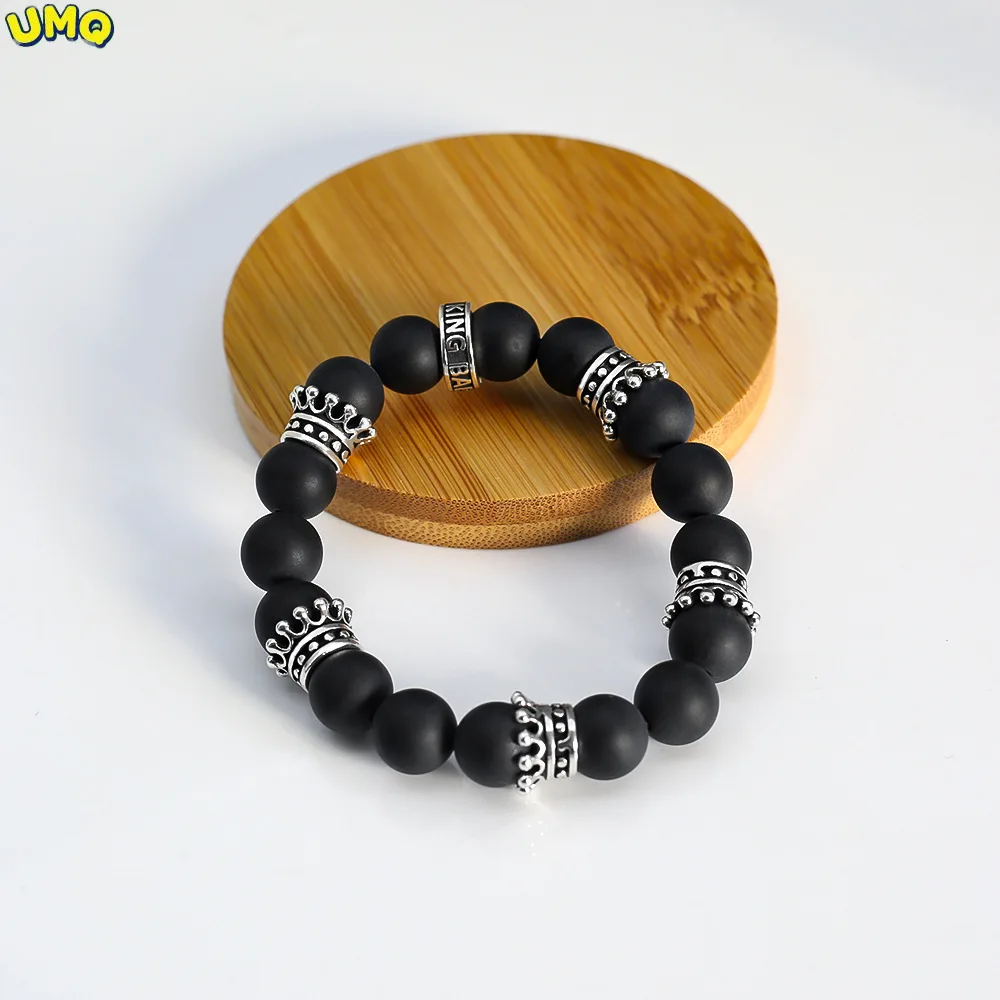 

Thai Silver Design Frosted Obsidian Bracelet Crown Six-star Senior Male and Female Lovers Buddha Beads Rosary Health