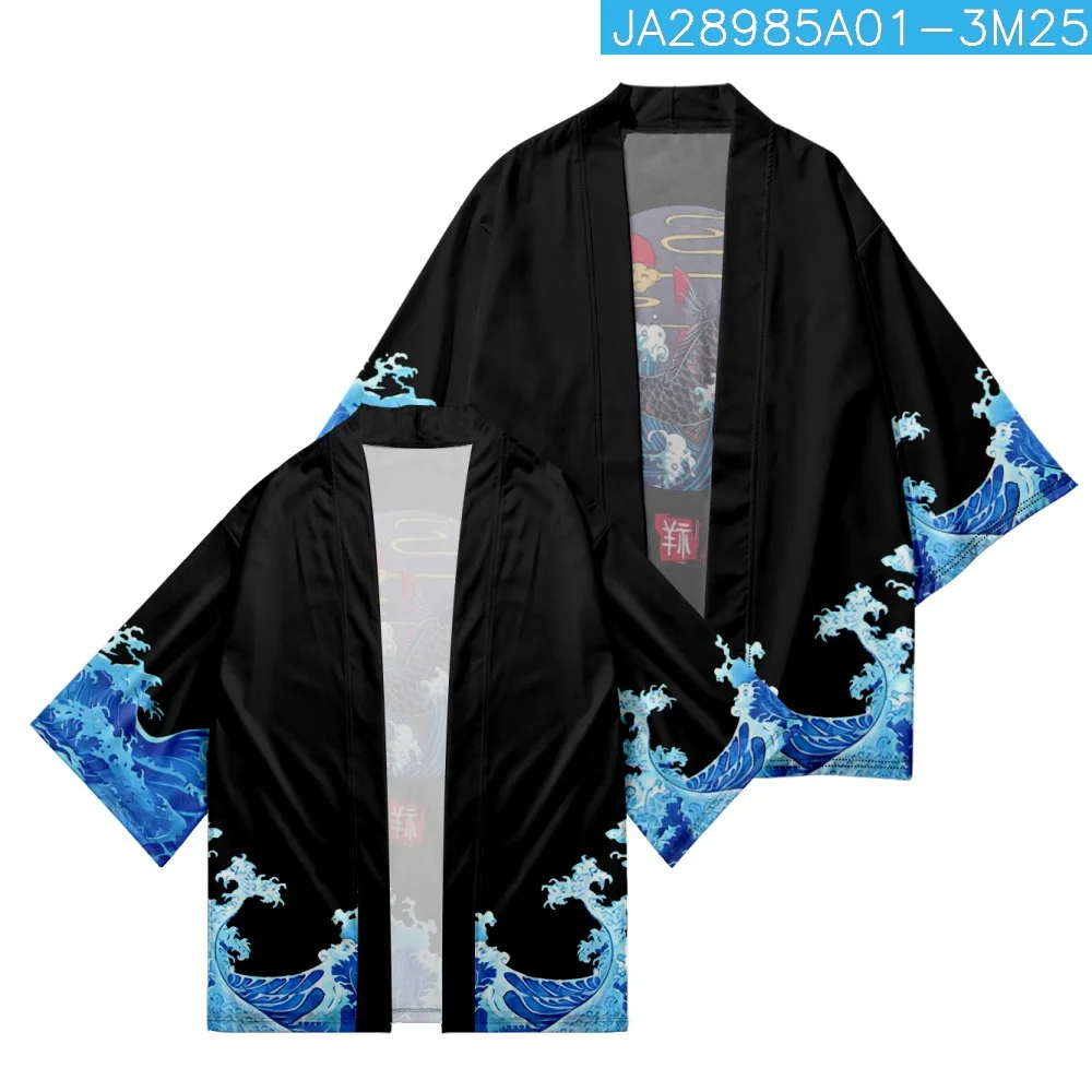 Stile giapponese nero gru stampa Kimono Streetwear uomo donna Cardigan da spiaggia Haori Yukata Harajuku top Robe