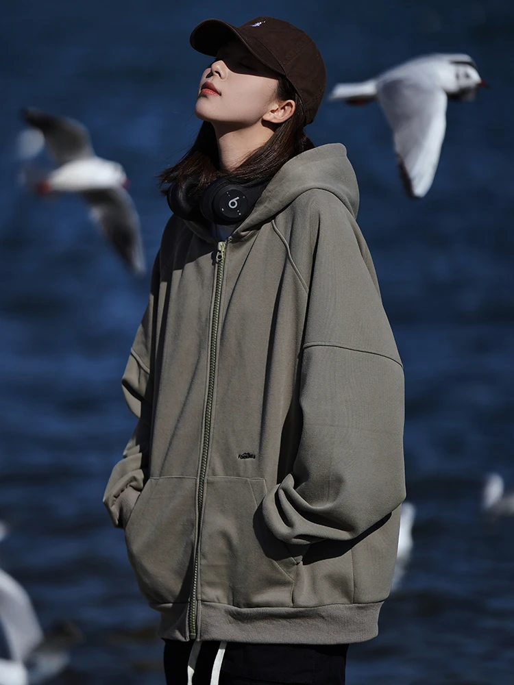 

Retro American Color Simple Hoodie Cardigan Men's Women's Loose Casual Autumn Winter Couple Outerwear Trendy