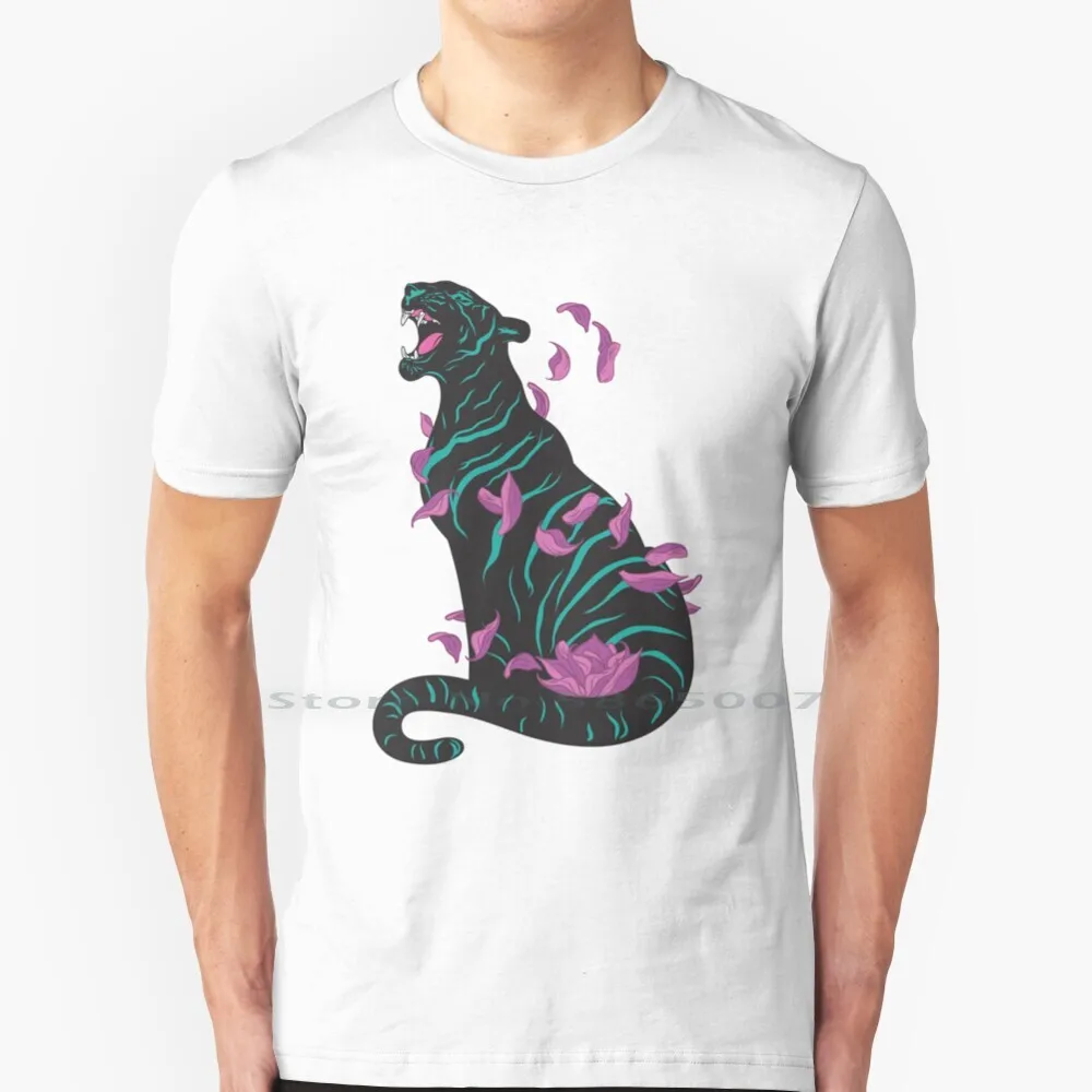 Black Tiger T Shirt 100% Cotton Animals Wild Nature Tiger Big Cat Black Green Magenta Purple Lotus Flower Big Size 6xl Tee Gift