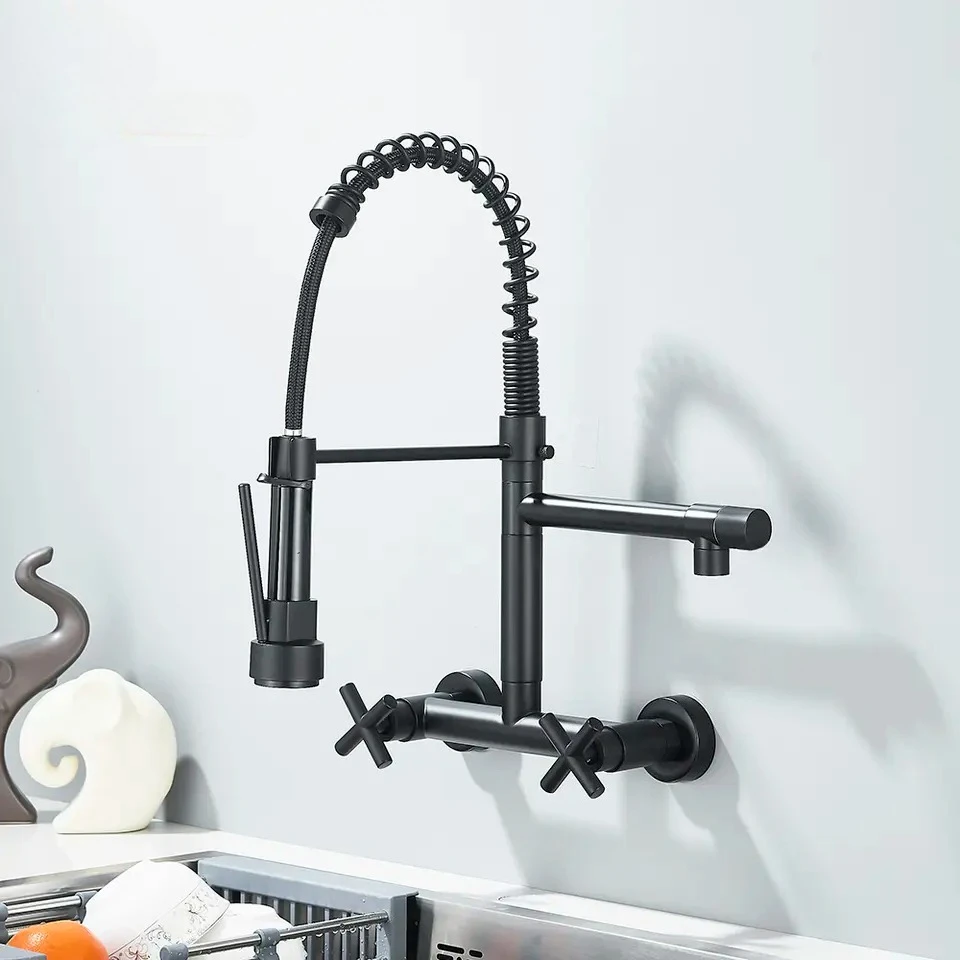 

Черный кухонный смеситель, вращение на 360°, ручной распылитель, кухонные краны, настенные смесители для холодной и горячей воды, хромированные