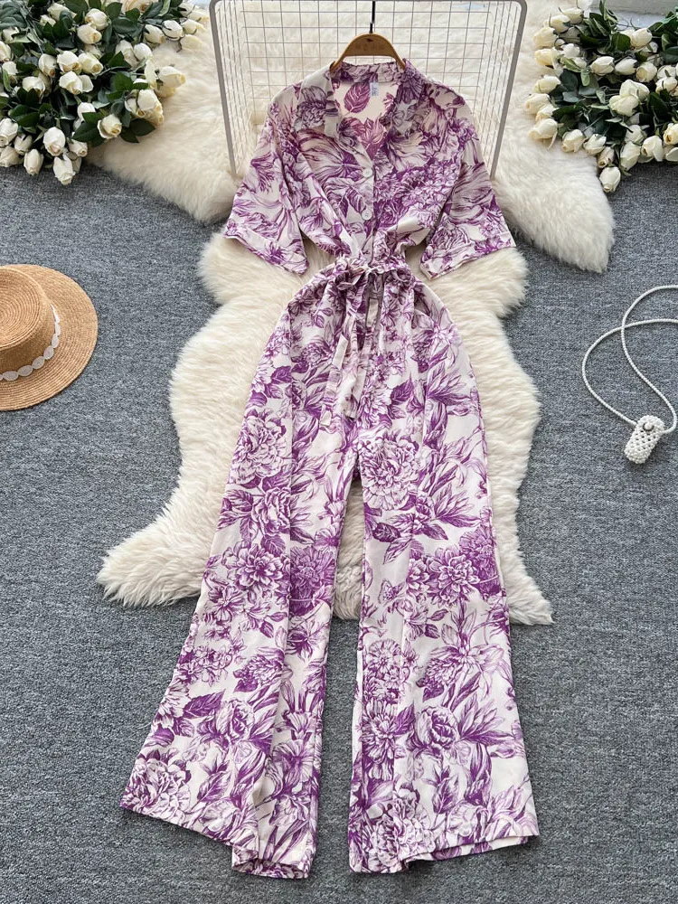 

Faionable Print Jumpsuit Women's Summer Casual ort Sve High Waist Long Pants Young-looking Sle Commute Straight Cut