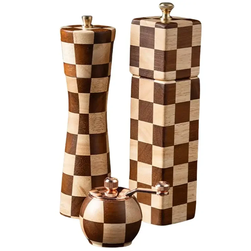 Manual Solid Wood Pepper Grinder Checkerboard Pattern Sea Salt Pepper Mill Granule Grinding Bottle Freshly Ground Pepper Grinder