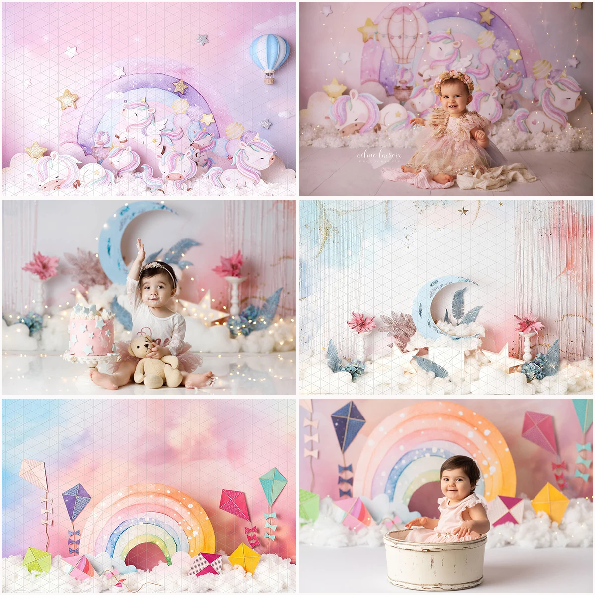 Pink Rainbow Kite Backdrops Cake Smash Unicorn Butterfly Moon Photo Studio Props Photo Backgrounds