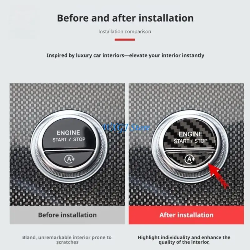 37JE Car Dashboard Start Button Cover Sticker, Carbon Fiber Look Trim with Adhesive Fit for Interior Cabin Button Area