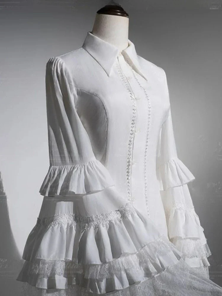 

Goth White Blouse Women's Clothing Lolita Style 2025 Camisas De Mujer Patchwork Lace Flare Sleeve Slim Fit Chic Blouses Tops