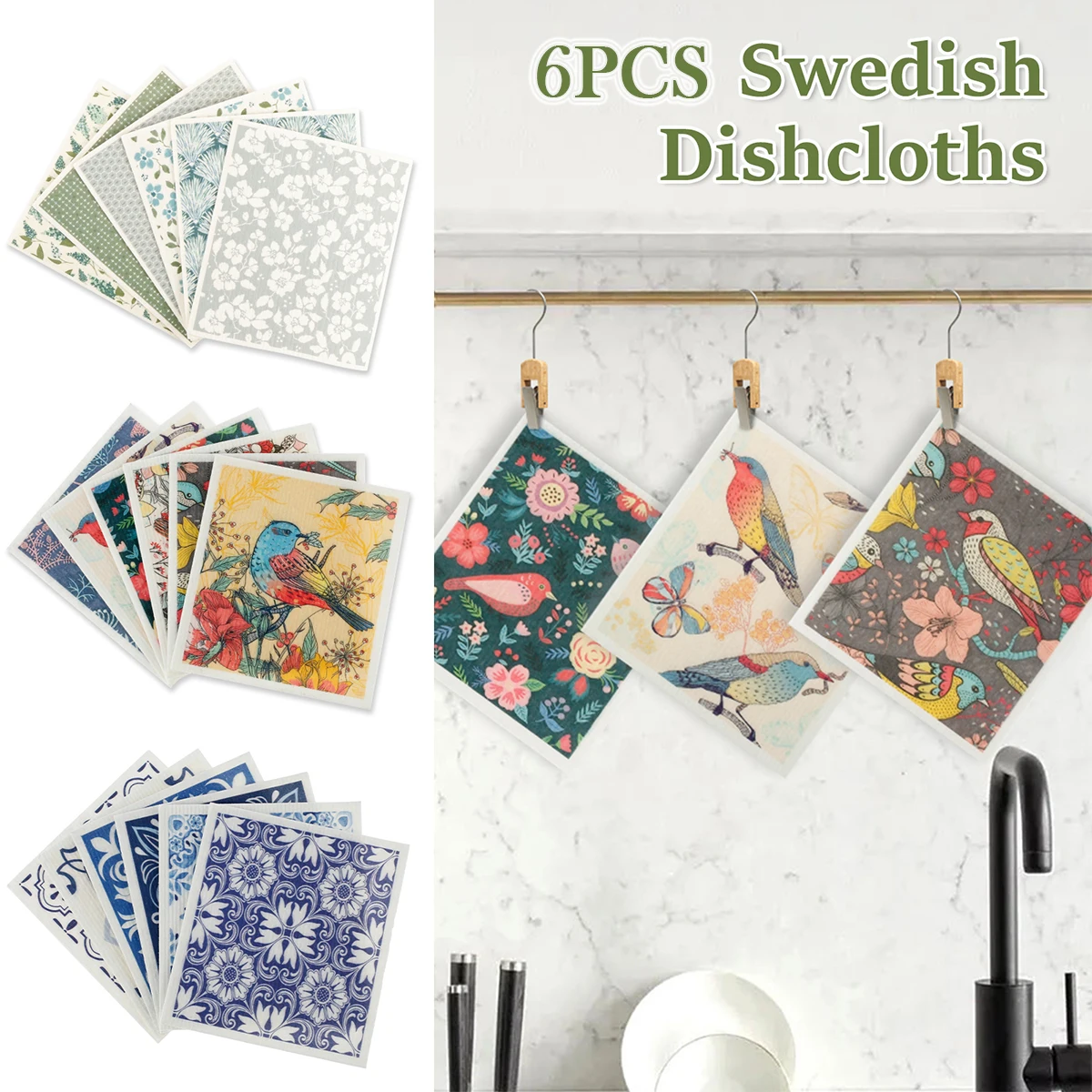 Kitchen Dishcloths Swedish Dishcloths Printed Absorbent Cleaning Cloths 7.7 X 6.7in Reusable Kitchen Dish Rags