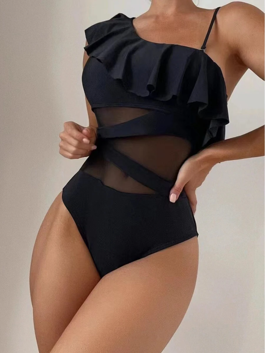 2023 Mesh Solid Swimsuit One Piece Sexy Strape Swimwear Women Backless Bathing Suit Female Tie Back Swimming Summer Beachwear