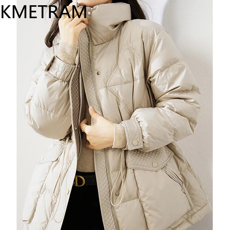 KMETRAM Winter White Duck Down Jacket Fashion New in Outerwears Cinched Waist Short Down Coat Clothes Women 2024 Пуховик Женский