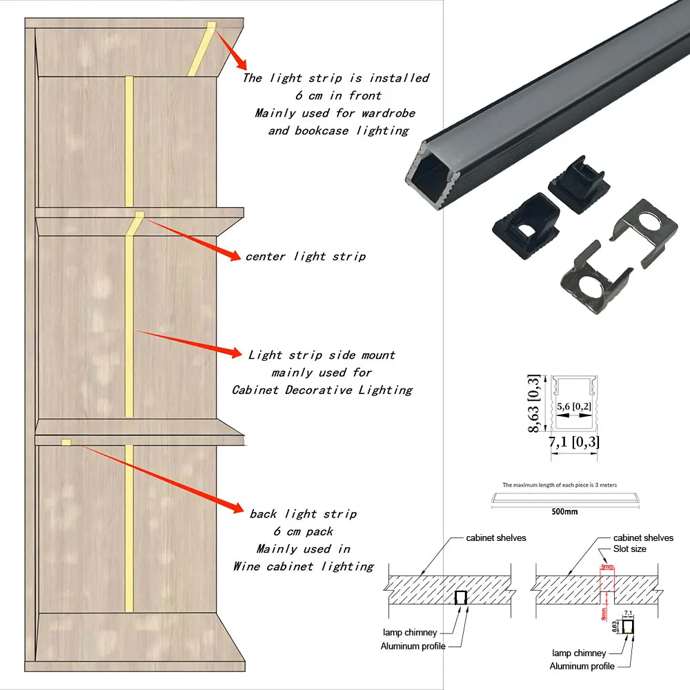 8x9mm (5szt) 0,5m Aluminiowe profily taśm LED: idealne do oświetlenia szafek, szafek i półek na wino