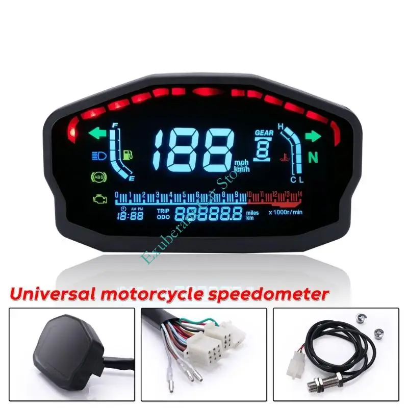 Universal Motorcycle LCD Digital Speedometer Tachometer Odometer Gauges With Water Temp Level For DC8-12V Black Housing