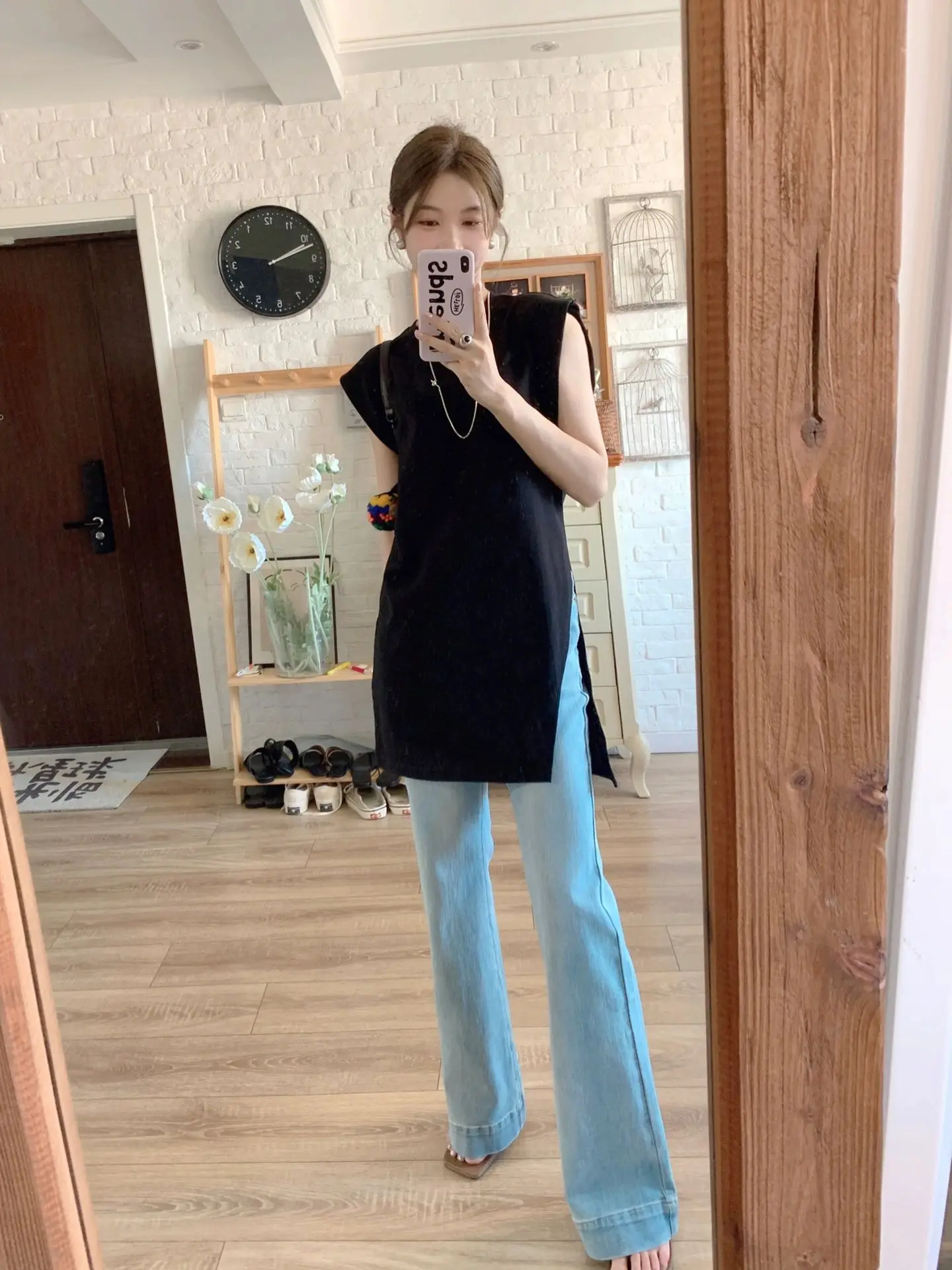 

American Retro Blue Bell Bottom Jeans Women's Spring Autumn High Waist Slimming Loose Elastic Tall Extended Length Pants