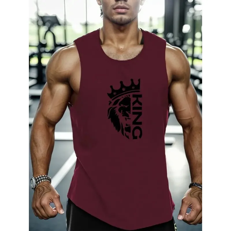 Men’s Gym Undershirt Lion King Printed Fitness Bottom Shirt Running Functional Training Gym Tank Tops Stylish Men's Tank Tops