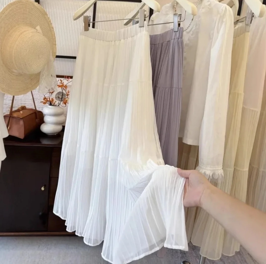 

Women's Pleated A-Line Midi Skirt, Slimming Loose Fit with Large Flowy Hem, Versatile Casual Skirt for Spring Autumn