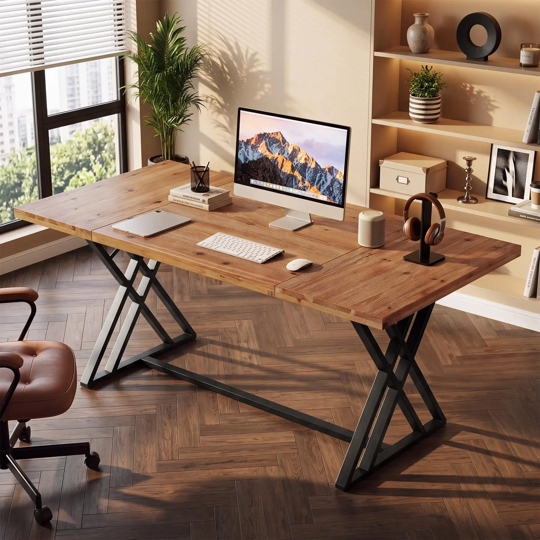 63 Inch Solid Wood Computer Desk, Home Office Workstation Table