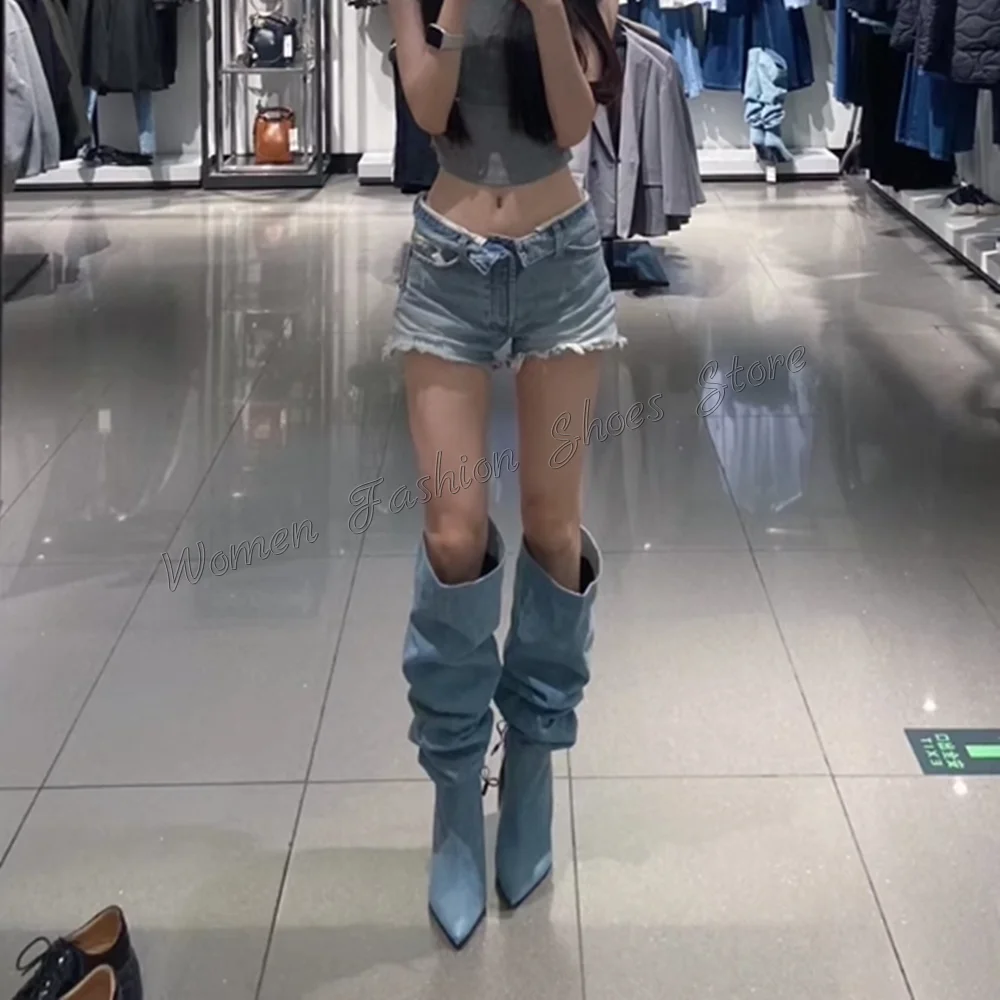 데님 플리츠 슬립온 부츠 니하이 스틸레토 하이힐 여성용 패션 힐 2025 신상 여성화