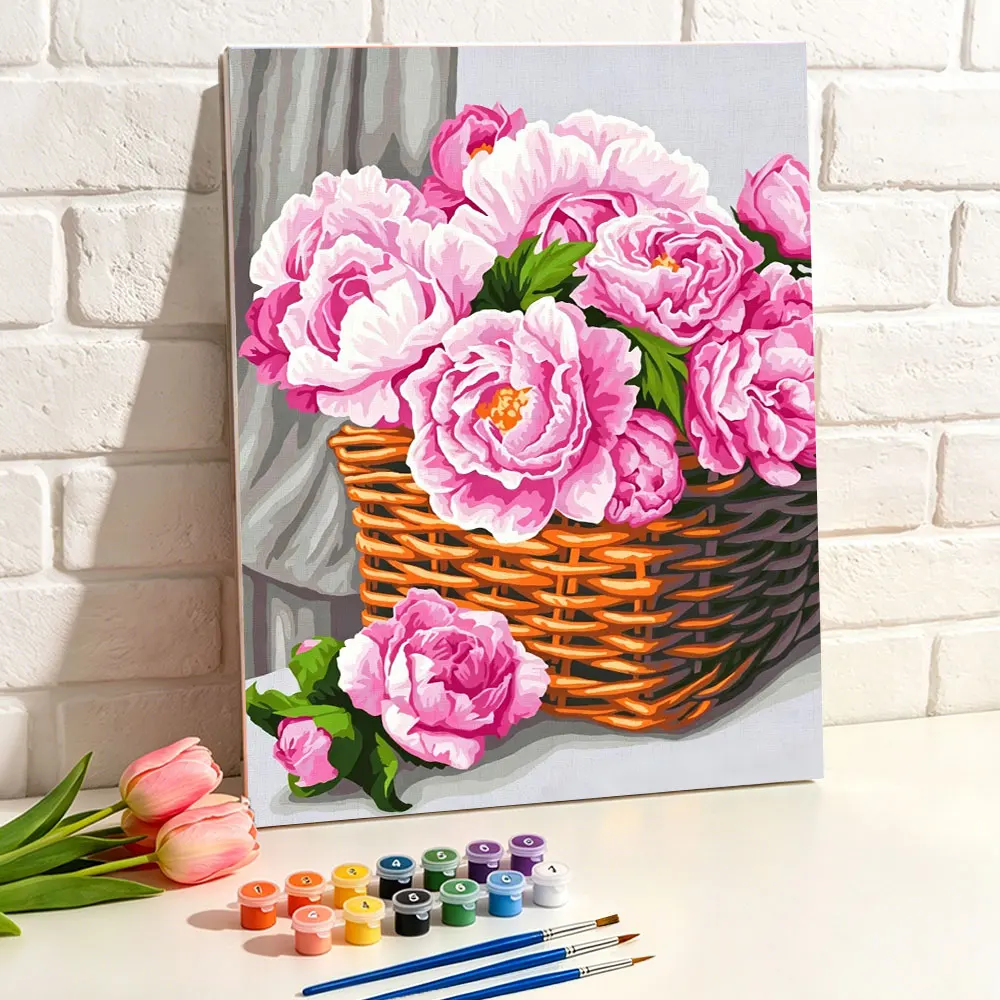 Pintura por Números: Cesta de Vid con Peonías Rosas, Kits de Pintura a Mano de Flores, Cuadro por Números sobre Lienzo, Decoración del Hogar, Regalo DIY