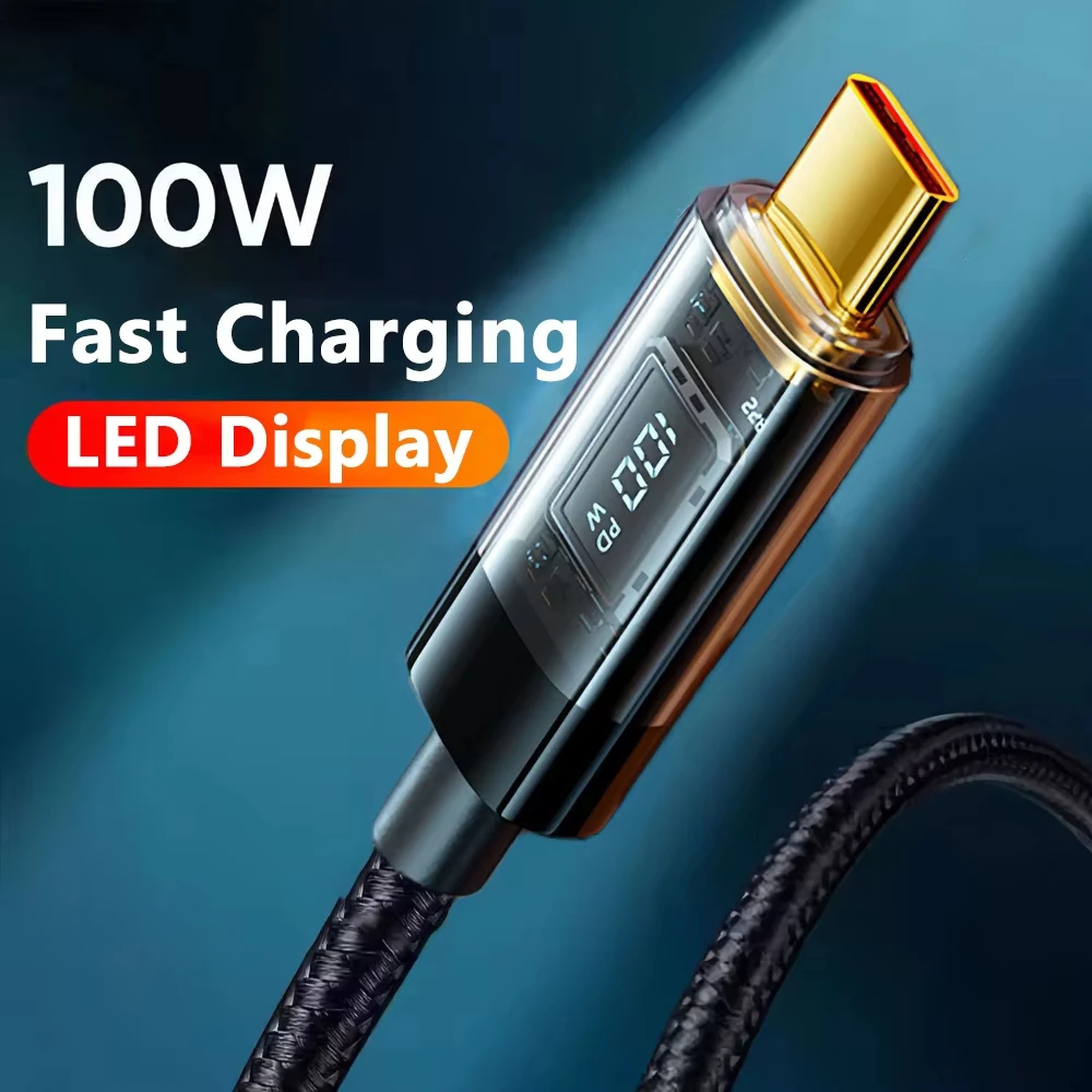 1.2M 2M USB C To Type C 100W Super  Fast Charging Cable With Led Display - Usb To Type-C Data Cord For Xiaomi Samsung 3 IN 1