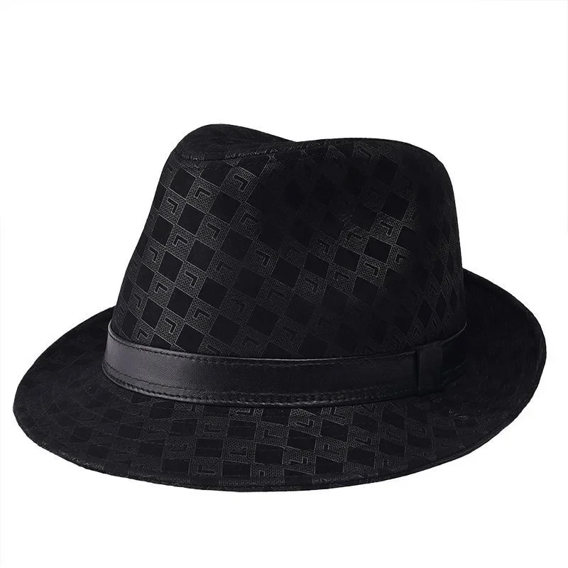 Fedora Hat Men Spring Winter Genuine Leather Suede Print Black GeometryTop Hats For Women British Gentlemen Wide Brim Perform