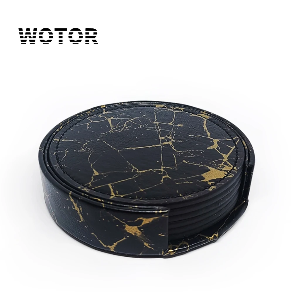 WOTOR 6PCS Stone Grain Leather Coasters Waterproof Heat Resistant Placemats Tea Coffee Cups Home Bar Counter Home Decor