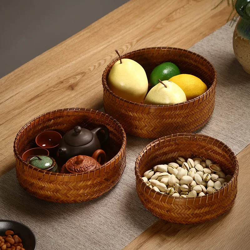 

Natural Handwoven Bamboo Fruit Basket Creative Home Storage Bin for Dry Fruit Snack Candy Sewing Supplies Living Room Decor