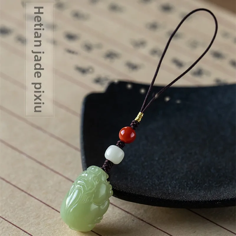 Natural Hetian Jade Lucky Pixiu Pendant Chinese Style Wealth Attracting Blessing Keychain Phone Lanyard Bag Charm Unisex Good