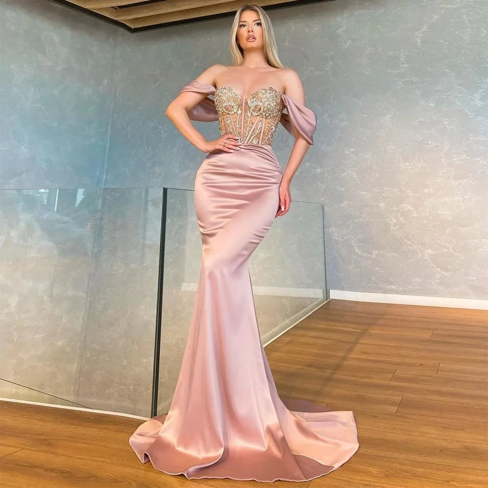 Beading Crystal Satin Mermaid Prom Dresses Off Shoulder Evening Gowns Women\'s Pleats Formal Party Vestidos De Noche Customized