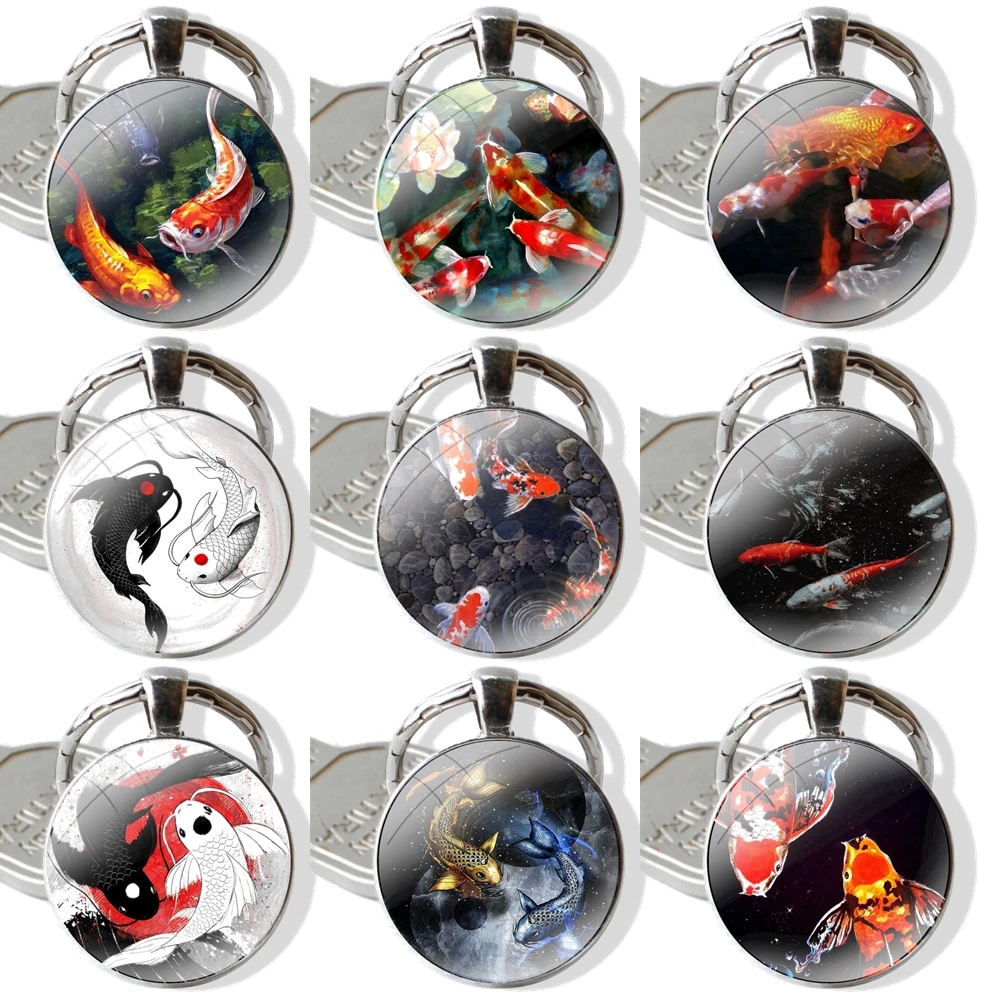 Koi fish Yin Yang Art Glass Metal Pendant Key Chain Classic Men Women Key Ring Accessories Jewelry Gifts