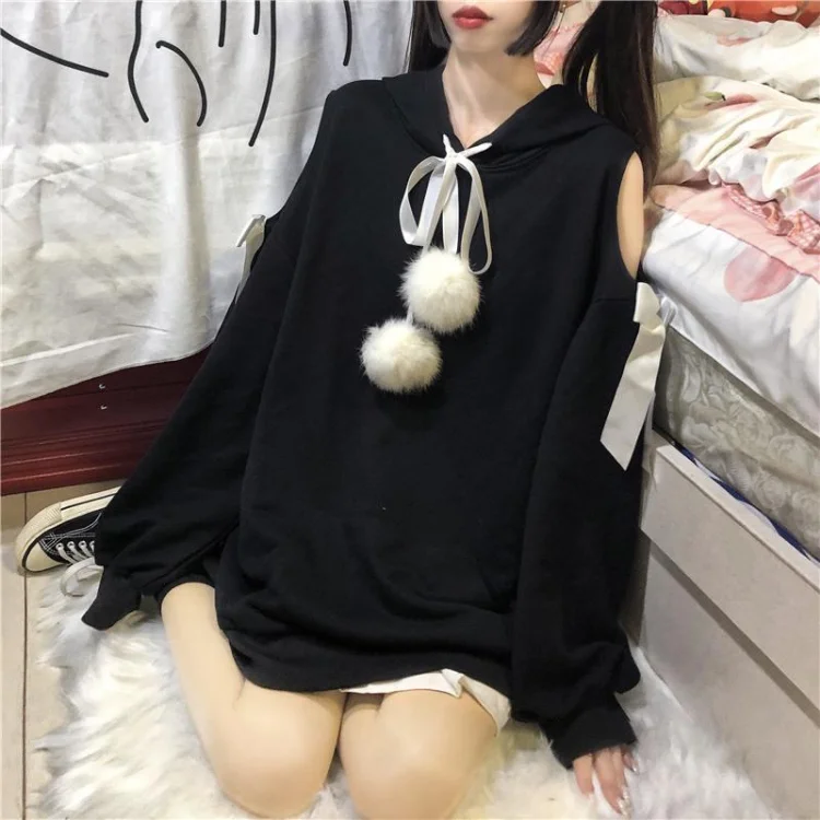 Japanese Kawaii Bow Hoodie Sweatshirt Spring E-Girl Off Shoulder Long Sleeve Sweatshirts Y2k Grunge Mid-length Tops Women