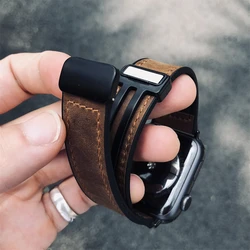 Luxury Oiled Leather Band For Apple Watch 44mm 40 45 41 49 42 38mm Magnetic Buckle Soft Strap For Ultra Series 9 8 SE 7 6 5 4 3