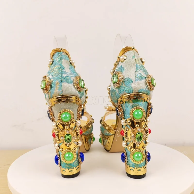 Embroidery Design Crystal Beads Platform Sandals Buckle Strap Women Shoes Chunky High Heels Party Feast 2025 Zapatos Para Mujere