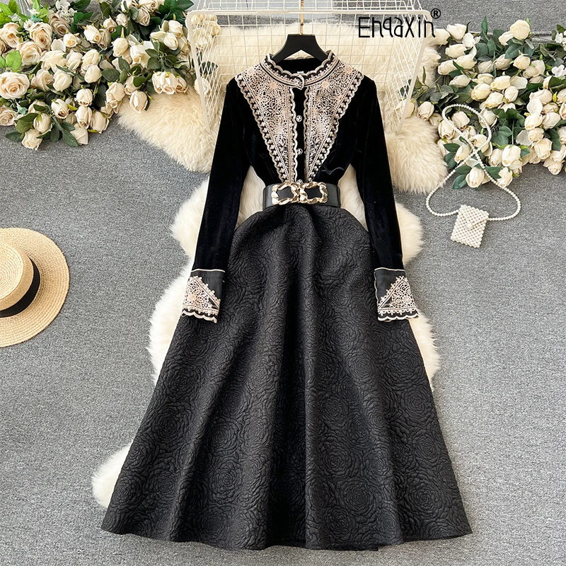 

EHQAXIN Autumn New Women's Dress Fashion 2024 French Retro Palace Style Embroidery Velvet Splicing Long Dresses With Belt M-2XL