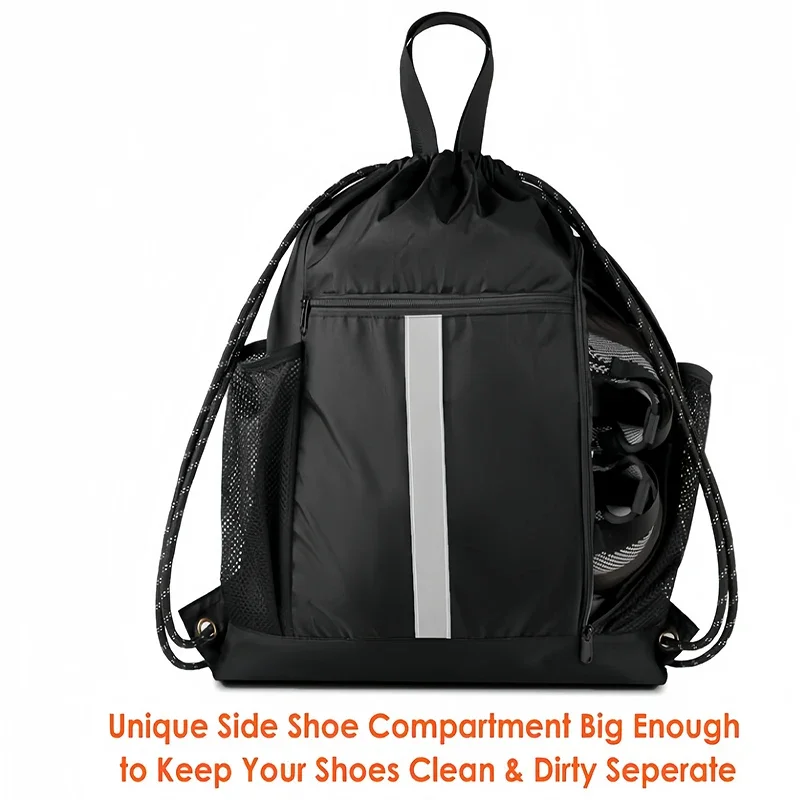 Drawstring Gym Bag Sports String Cinch Backpack Large Capacity Fitness Bag with Shoe Compartment and Two Water Bottle Holder