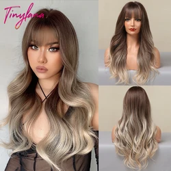 Chocolate Brown Blonde Long Wavy Synthetic Hair Wigs with Bangs for Women Ombre Natural Body Wave Cosplay Heat Resistant Wig