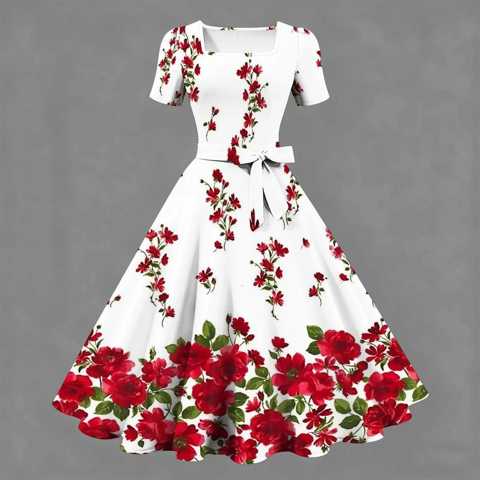 Casual Retro Printed Square Neck Dress Women's Spring and Summer Slim Beach Gatherings Knee Length Skirt Daily