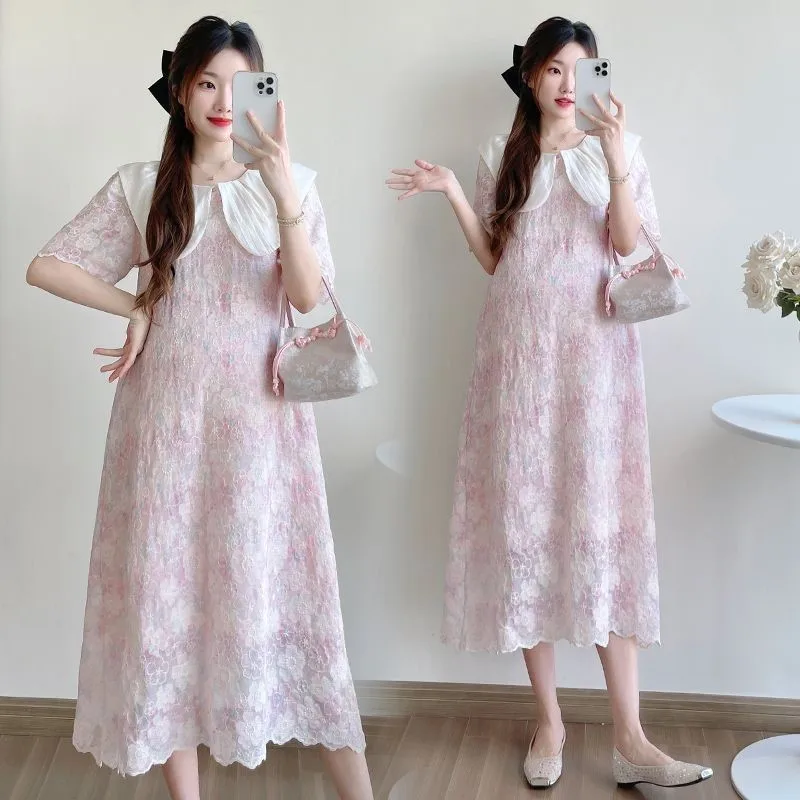 2025 New Summer Pregnant Women's Short sleeved Dress Creative Maternity Fashion Lace Medium length Breathable Dress LI263
