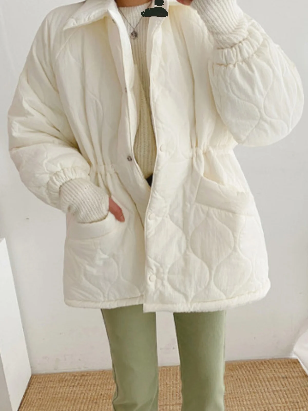 

Women's Loose Fit Cotton Jaet 2024 New Winter Vintage Diamond Pattern Dstring Waist Lamb Fur Lined Warm Outerwear