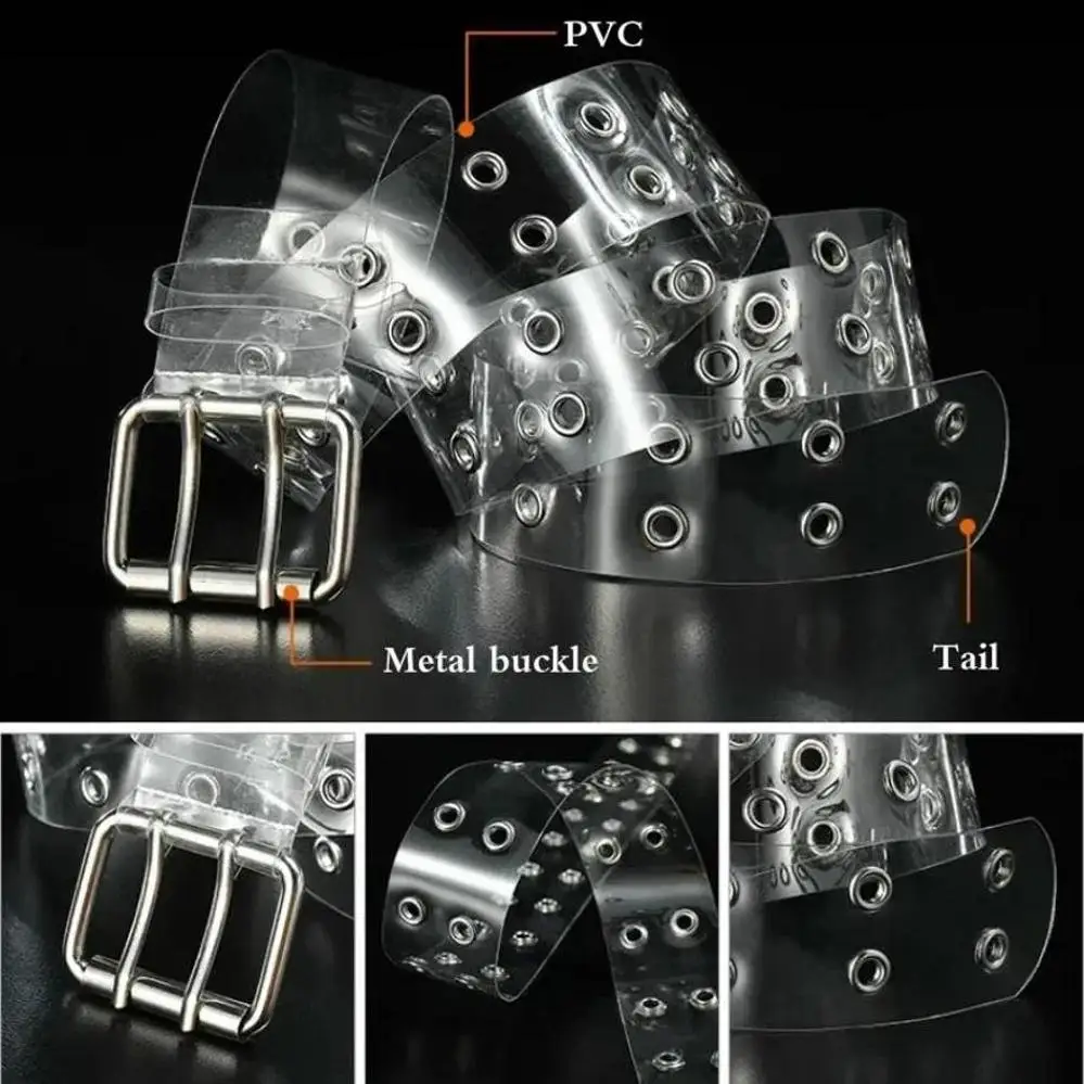 Women Summer Fashion Creative Gifts Waistband Transparent Two Row PVC Belt Laser Invisible Square Pin Buckle Multi Hole Belts