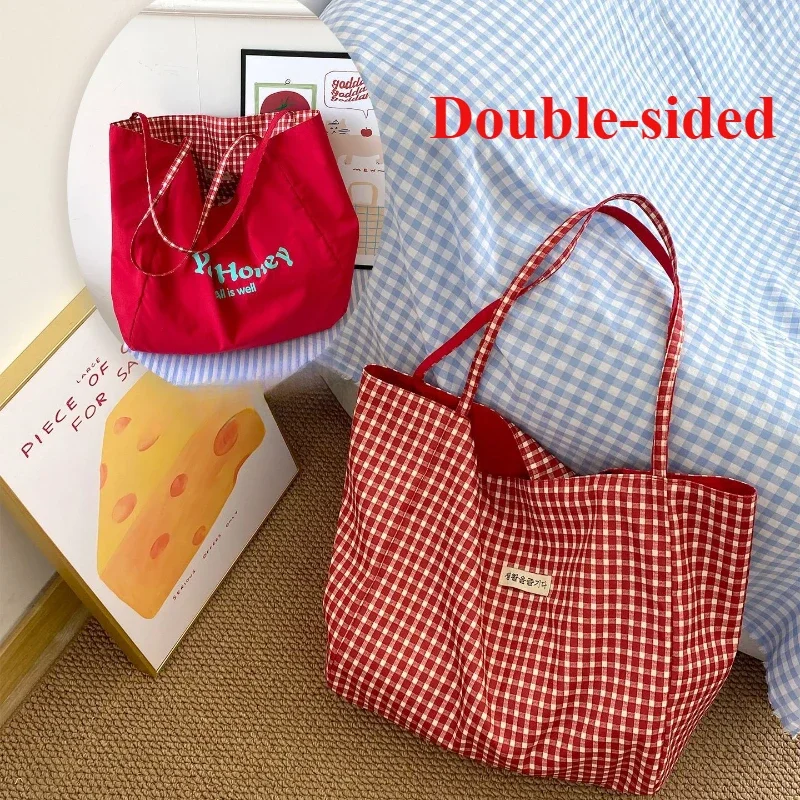 

Letter Plaid Nylon Ladies Double Sided Casual Shoulder Bags Large Capacity Women Tote Shopping Bag College Style Female Handbags