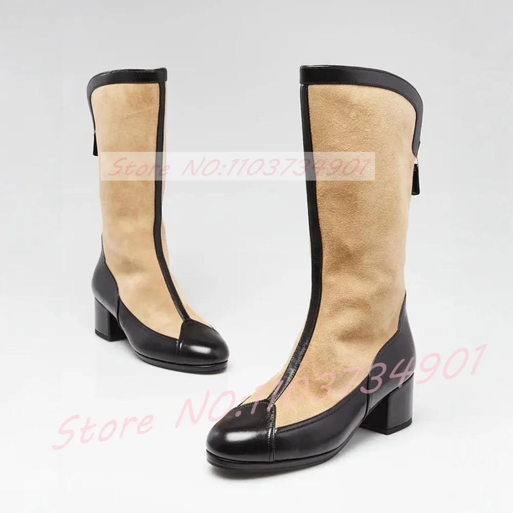 

Beige Suede Splicing Mid Calf Boots Women Round Toe Leather Chunky Heels Boots Female Retro Fashion 2025 Winter New Boots