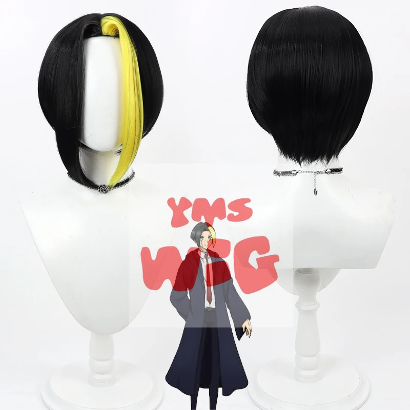 Anime Mashle: Magic and Muscles Finn Ames Cosplay Wig Short Black Yellow Middle Part Synthetic Hair Anime Magic Muscles Role