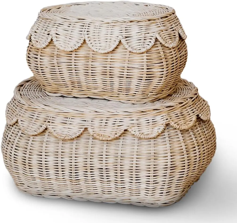 

15x10x6 Inch - Small Scalloped Baskets - Round Wicker Basket -Wicker Storage Basket - Rattan Basket With Lid