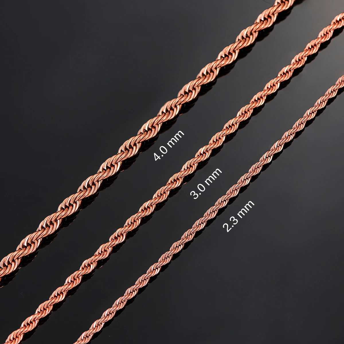 2.3mm/3mm/4mm Rose Gold Color Stainless Steel Twisted Rope Necklaces Classic Men Boy Chain 16 to 30 Inches